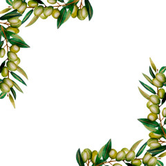 Fototapeta na wymiar Beautiful lush watercolor banner with olive tree branches with ripe olive berries and green leaves.