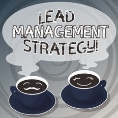 Word writing text Lead Management Strategy. Business concept for System in making new potential business clientele Sets of Cup Saucer for His and Hers Coffee Face icon with Blank Steam