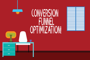 Text sign showing Conversion Funnel Optimization. Conceptual photo thinking of advanced ways in online trading Work Space Minimalist Interior Computer and Study Area Inside a Room photo