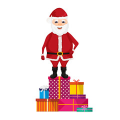 Santa Claus stand on gifts. Merry christmas and happy new year. Isolated vector illustration.