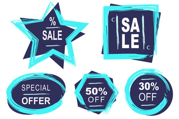 Winter set of banners in light and dark blue color. They are shapes - rectangles, stars, squares, circles, and ellipses. There are banner sale, 30 percent, 50 percent and great offer.