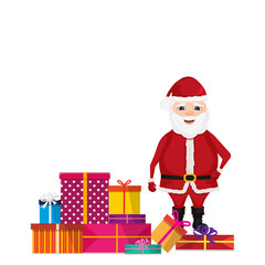 Santa Claus stand on stack of gifts. Merry christmas and happy new year. Isolated vector illustration.