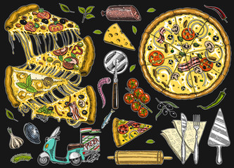 Set of pizza with cheese. Yummy italian vegetarian food with tomatoes, Seafood and olives. Ingredients for cooking and Motorcycle for delivery. Sketch for restaurant menu. Hand drawn Vintage style.