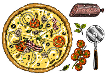 Slice of pizza with cheese. yummy italian vegetarian food with tomatoes, olives and eggplant. Label for restaurant menu. Hand drawn template. Vintage sketch style.
