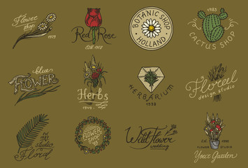 Flower shop emblems and logo. Vintage bouquet. Gardening signs and retro label. Hand drawn badges. Floral templates.