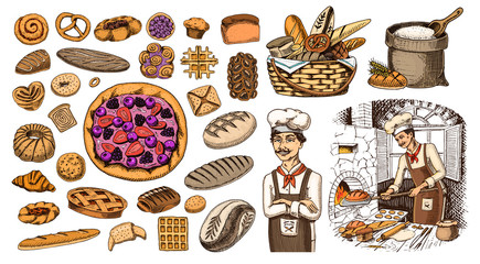 Set of Bakery products. Pastry chef and bag of flour. Bread and pie, buns and cakes. Pastry. Engraved hand drawn vintage style. Doodles for menu. Color food. Collection of Elements.