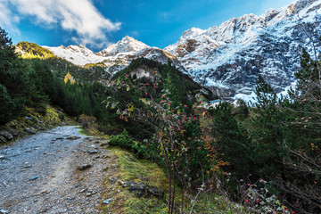 Rocky walk pass to Gavarnie Circus in French Haute Pyrenees Mountains in Autumn