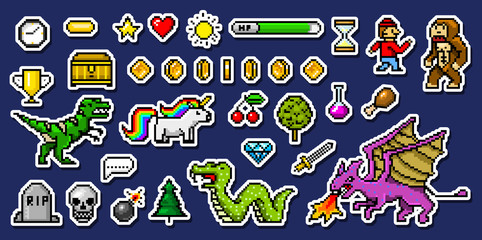 Pixel art 8 bit objects. Retro game assets. Set of icons. vintage computer video arcades. characters dinosaur pony rainbow unicorn snake dragon monkey and coins, Winner's trophy. vector illustration.