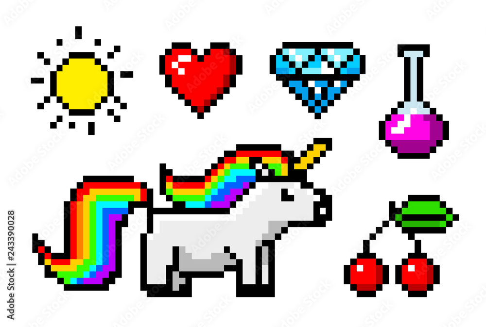 Poster pixel art 8 bit objects. character unicorn and trophy. retro game assets. set of icons. vintage comp