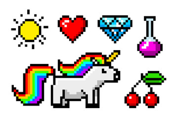 Pixel art 8 bit objects. Character unicorn and trophy. Retro game assets. Set of icons. vintage computer video arcades. vector illustration.