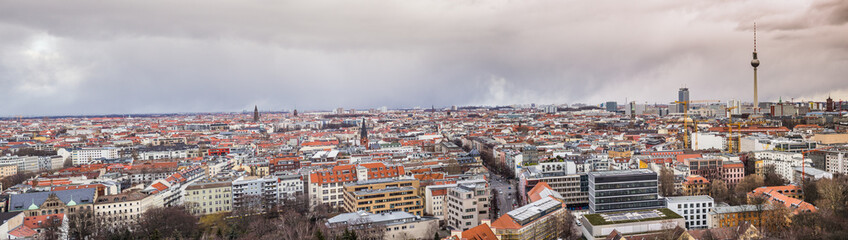 BERLIN, GERMANY - , Berlin with the district Mitte and Pankow with Berlin TV Tower and  Berlin Cathedral in the rear and red town hall  - aerial view, panorama 