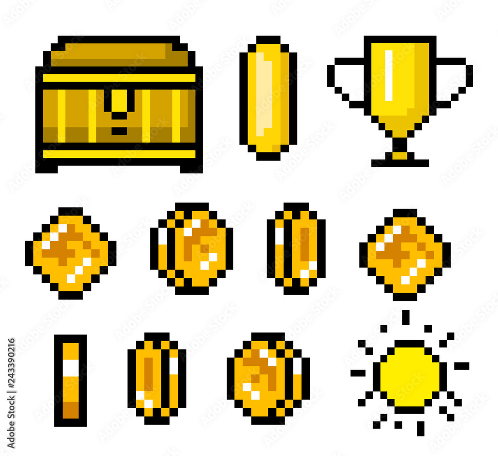 Aufkleber pixel art 8 bit objects. retro game assets. set of icons. vintage computer video arcades. coins and 