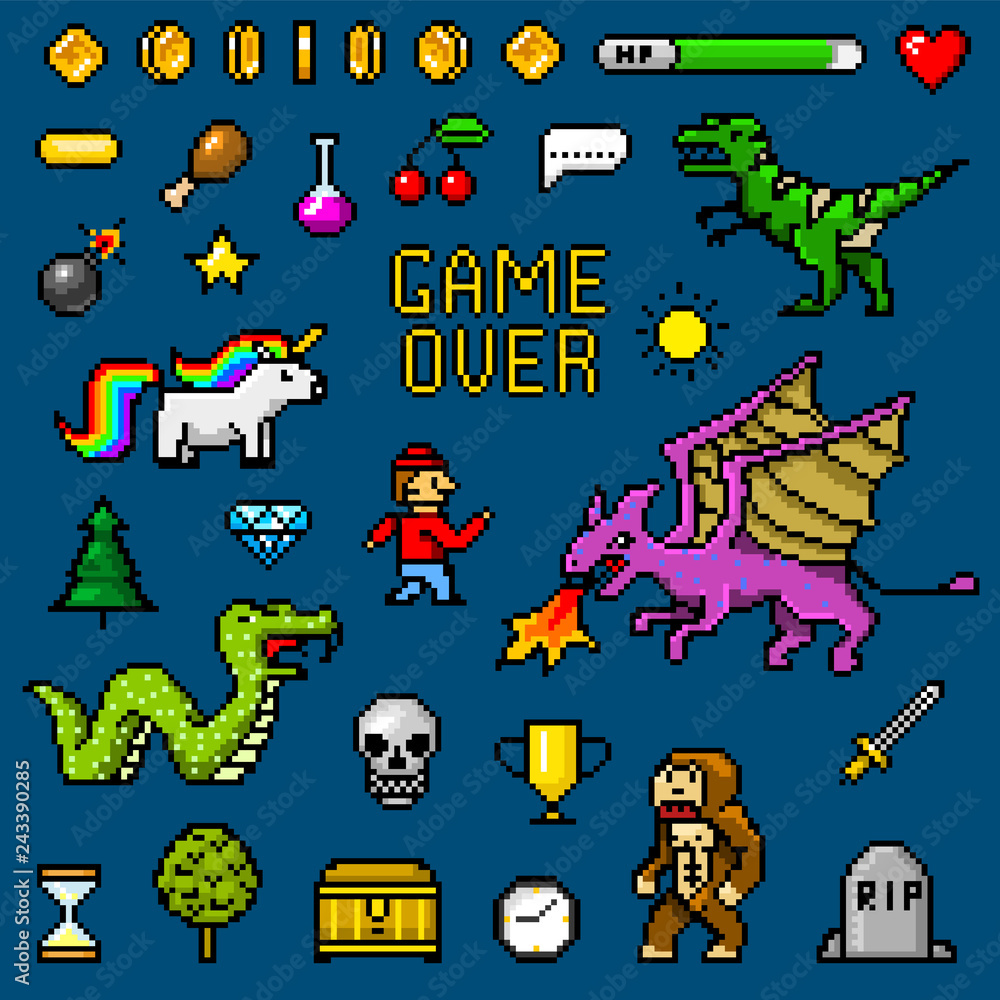 Poster pixel art 8 bit objects. retro game assets. set of icons. vintage computer video arcades. characters