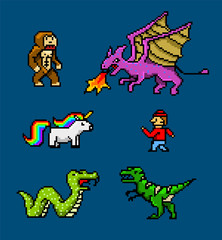 Pixel art 8 bit objects. Retro game assets. Set of icons. vintage computer video arcades. characters dinosaur pony rainbow unicorn snake dragon monkey and coins, Winner's trophy. vector illustration.