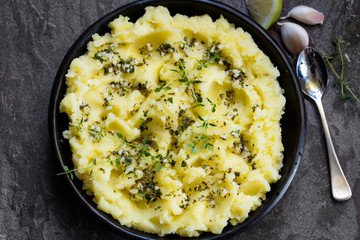 Potato Mash with Olive Oil Garlic Lemon and Herbs Top View
