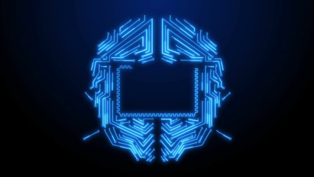 Technological neon shining human's brain on the dark blue background and empty place for your text or picture in the middle.