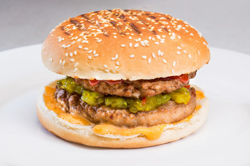 Double Burger with bun and sesame