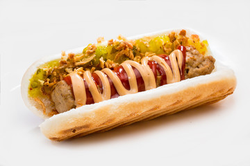 Danish hot dog with beef sausage with fried onion mustard and ketchup