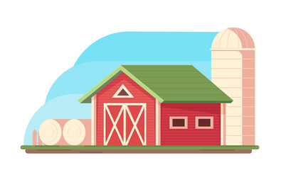 Agriculture. Farm landscape. Red barn, hopper for grain storage and harvest, silo storage and haystack.