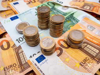 Image of Euro money in coins and bills close up