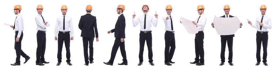 panoramic photo collage of confident architect isolated on white