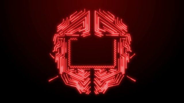 Graphic of the red neon scheme picture of human's brain on the dark background. Place for your logo or text.