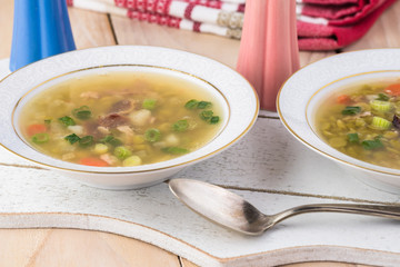 Homemade pea soup with smoked bacon.