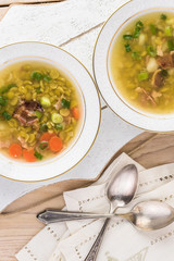 Homemade pea soup with smoked bacon.