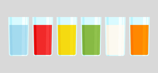 Set of glasses with drinks. Water, fruit juices, milk. Vector illustration