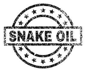 SNAKE OIL stamp seal watermark with distress style. Designed with rectangle, circles and stars. Black vector rubber print of SNAKE OIL title with unclean texture.