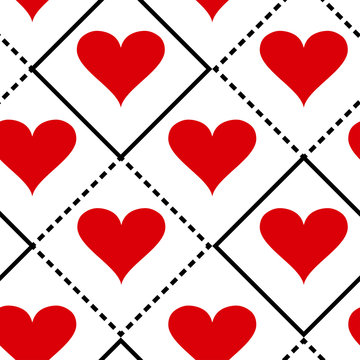 Geometric seamless pattern with black squares and red hearts on white background. Vector illustration