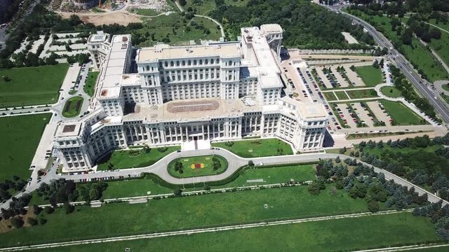 360 view over the Palace of the Parliament in Bucharest Romania. 2nd largest administrative building in the world. Summer 2018. Height of 84m 276ft, floor area of 365,000 m2 3,930,000 sq ft