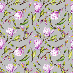 Seamless pattern with magnolia flowers. Watercolor illustration on gray background.