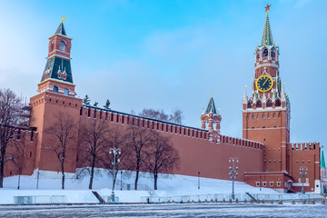 Moscow. Russia. The Red Square. Kremlin. Spasskaya Tower. Russian Federation. Travel to Russia. Hours on Red Square. Chimes on the Spassky Tower. Center of Russia. Kremlin walls. Moscow in winter