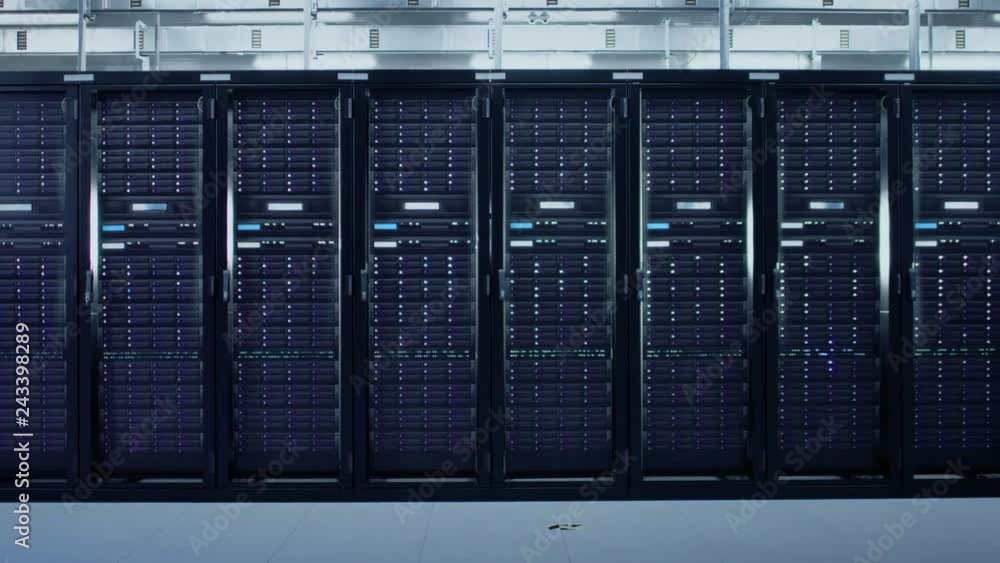 Aufkleber Camera Slide-Trough Shot of a Working Data Center With Rows of Rack Servers. Led Lights Blinking and Computers are Working.