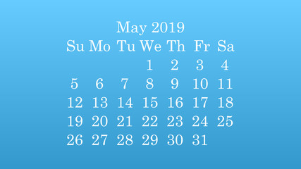 May 2019. Desktop wallpaper Calendar 2019 blue background, white numbers
