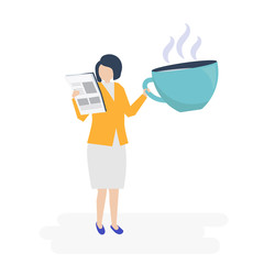 Businesswoman drinking coffee and reading a newspaper illustration