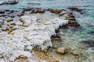 trees under the snow, frozen river, winter in Russia, winter landscape