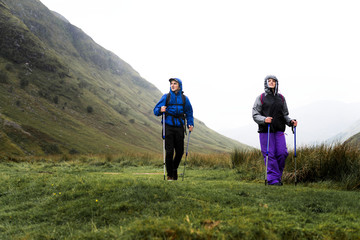 Hikers walking with trekking poles