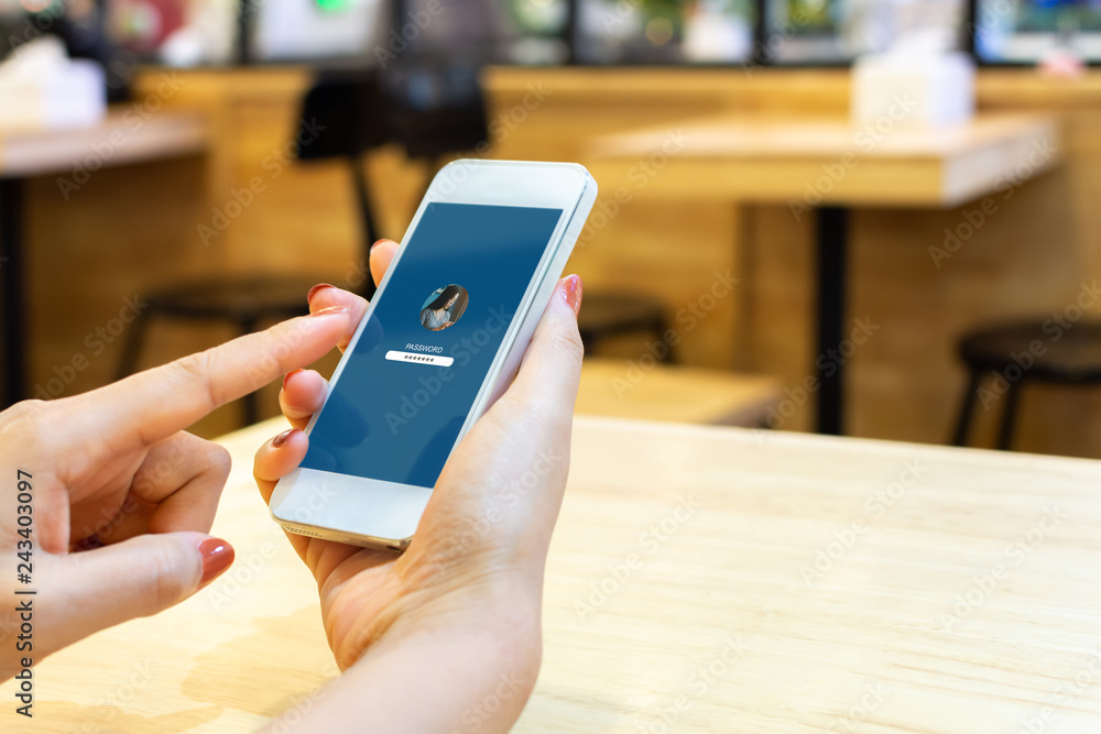 Poster woman using smartphone login privacy information. concept cyber security network of connected device