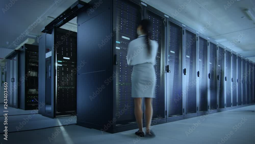Aufkleber Time Lapse Footage of IT Employees Working in a Data Center Server Room. Technicians and Engineers Running Diagnostics and Maintenance, Inspecting Server Racks.