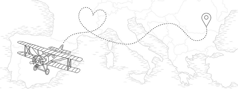 Hand drawn illustration of a vintage airplane with dotted route in heart shape, flying above a map of European countries
