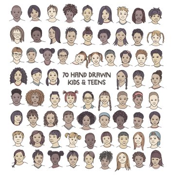 Set of seventy hand drawn children's faces, colorful and diverse portraits of kids and teens of different ethnicities