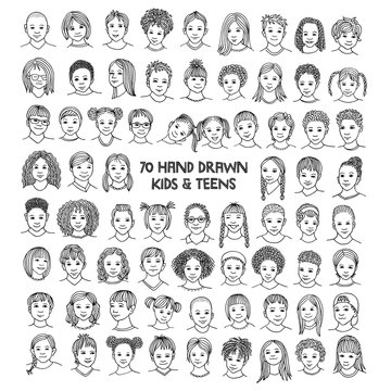 Set of seventy hand drawn children's faces, diverse portraits of kids and teens of different ethnicities, black and white ink illustration