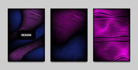 Fluid Metallic Shapes Abstraction. Covers with Trendy Vibrant Gradient and Movement Effect. Abstract Wavy Geometry. Vector Templates with Distortion of Lines. Fluid Shapes for Business Presentation.