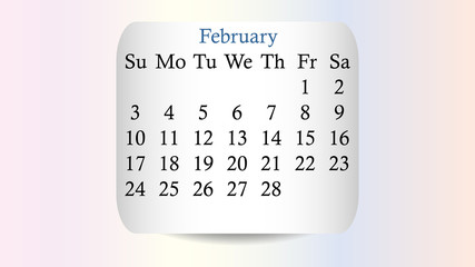 February 2019. Calendar 2019 vector design. Date on the curved stickers on the pastel background