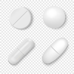 Vector 3d Realistic White Medical Pill Icon Set Closeup Isolated on Transparent Background. Design template of Pills, Capsules for graphics, Mockup. Medical and Healthcare Concept. Top View