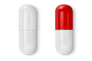 Vector 3d Realistic White and Red Medical Pill Icon Set Closeup Isolated on White Background. Design template of Pills, Capsules for graphics, Mockup. Medical and Healthcare Concept. Top View