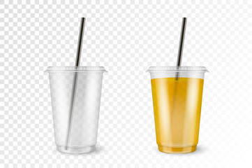 Vector Realistic 3d Plastic Disposable Transparent Cup with Pipe Icon Set Closeup Isolated. Mug of fruit organic shake, cocktail. Vegetarian healthy natural food. Design template of packaging mockup