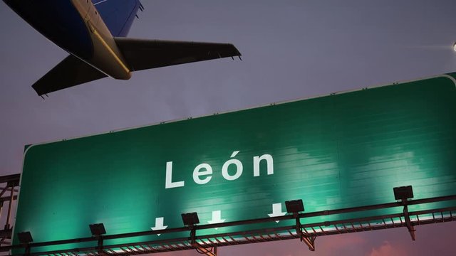 Airplane Take off Leon during a wonderful sunrise.spanish